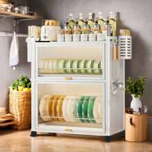 Stainless Steel Kitchen Dish Drying Rack Cabinet With Foldable Shelf, Adjustable Drainer & Dust-Proof Door - White - View 2