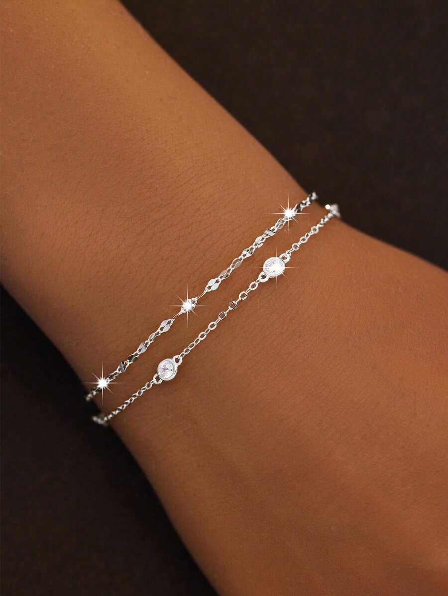 SYMFNY 1 件 925 纯银多层闪亮优雅手链，适合女性日常、派对、节日穿着、珠宝礼物 - 銀色 - 查看 1