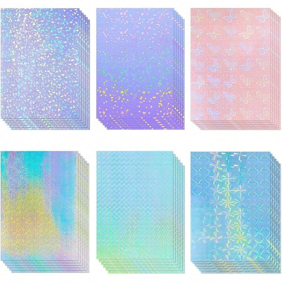 36 Sheets A4 Holographic Paper Sticker Transparent Waterproof Self Adhesive Film 11.X 8.3 Inches (Gem,, Colorful,) - 寶石,圓點,蝴蝶,網格,沙星,風車 - 查看 1