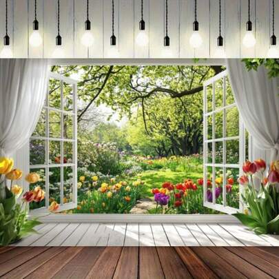 Garden Background , Suitable For White Window Floral Scene Banners For Weddings, Birthdays, And Celebrations. Multiple Use Party Decorations Do Not Require Electricity.