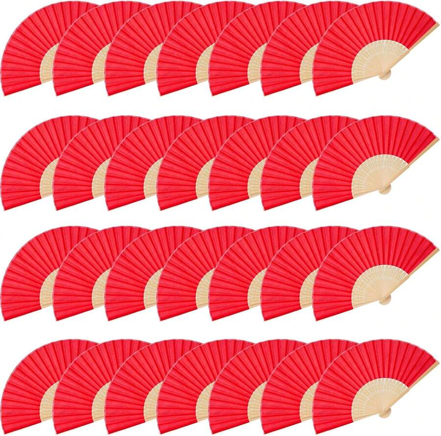 Decorative Hand Fan Foldable, 28 Packs Red Folding Fabric Fans Handheld Bulk Crafts For Wedding, Dancing, Party DIY Chinese And Japanese Style Decoration - Red - View 1