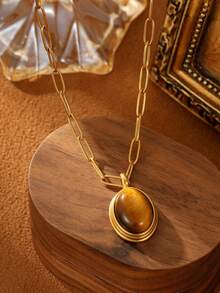 1 件不锈钢金黄色法式复古风格棕色琥珀绿松石宝石项链，适合女性派对日常佩戴或送礼 - 金黃色 - 查看 5