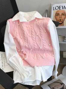 Women Fashion Elegant Pearls Knitted Sleeveless Sweater Tank Top, Spring/Summer