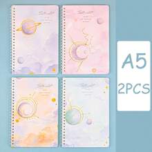 2 件可爱卡通图案创意线圈装订 A5 横线笔记本，适用于笔记和会议记录、学校用品、返校