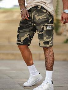 1pc Men'S Summer Camo Cargo Shorts With Multiple Pockets, Drawstring Waist, And Letter Patch - Casual Five-Point Outdoor Shorts For Hiking, Fishing, And Casual Attire, Hiking Apparel | Letter Patch Shorts | Non-Stretch Fabri - 迷彩灰 - 查看 4