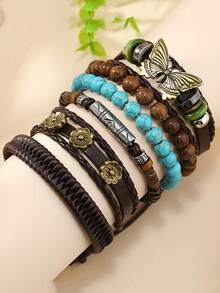 12/32/48Pcs Vintage Style Multilayer Pu Leather & Wooden Beaded Bracelet With Butterfly/Flower/Eye Charms - Handmade Friendship Bracelet For Men Women - Adjustable (Random Mixed) - Multicolor - View 5