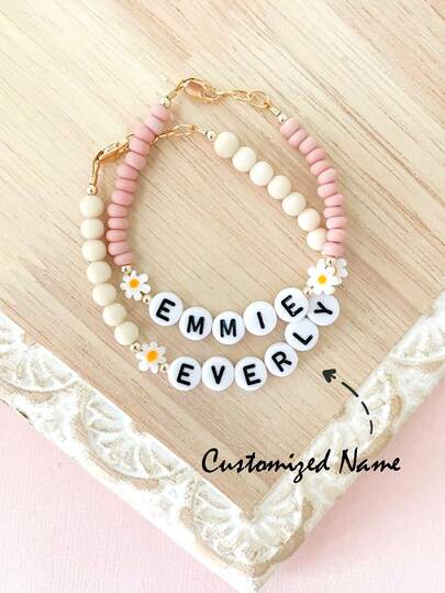 1pc Personalized Custom Name/Letter/Text/Daisy Bracelet/Girl Bracelet/Daisy Name Bracelet/Children Bracelet, Charming Spring Summer Accessory, Custom Name Bracelet For Girl, Vibrant Color Birthday Party Gift, Back To School Gift, Children's Festival Gift, Suitable For Teenagers,Kids,Gala Night,Modern,Colorful,Cute