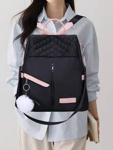 Black And Pink Oxford Cloth Women'S Backpack With Multiple Compartments, Perfect For Teen Girls, Women, Men, Students, Travel, Work, School, And Daily Use – Stylish, Lightweight, Anti-Theft, Durable, With Cute Pom-Pom Charm. The Material Appears To Be Durable, Making It Suitable For Daily Use, Such As Commuting Or Traveling. For Carrying Books, Personal Items, Etc. - 黑色 - 查看 5