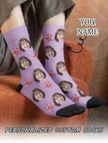 1 par de calcetines medianos personalizados para mujer con cualquier cara, calcetines personalizados con fotos, pares de calcetines con imagen personalizada interesante, aptos para el Día de San Valentín, cumpleaños, regalos y otras ocasiones