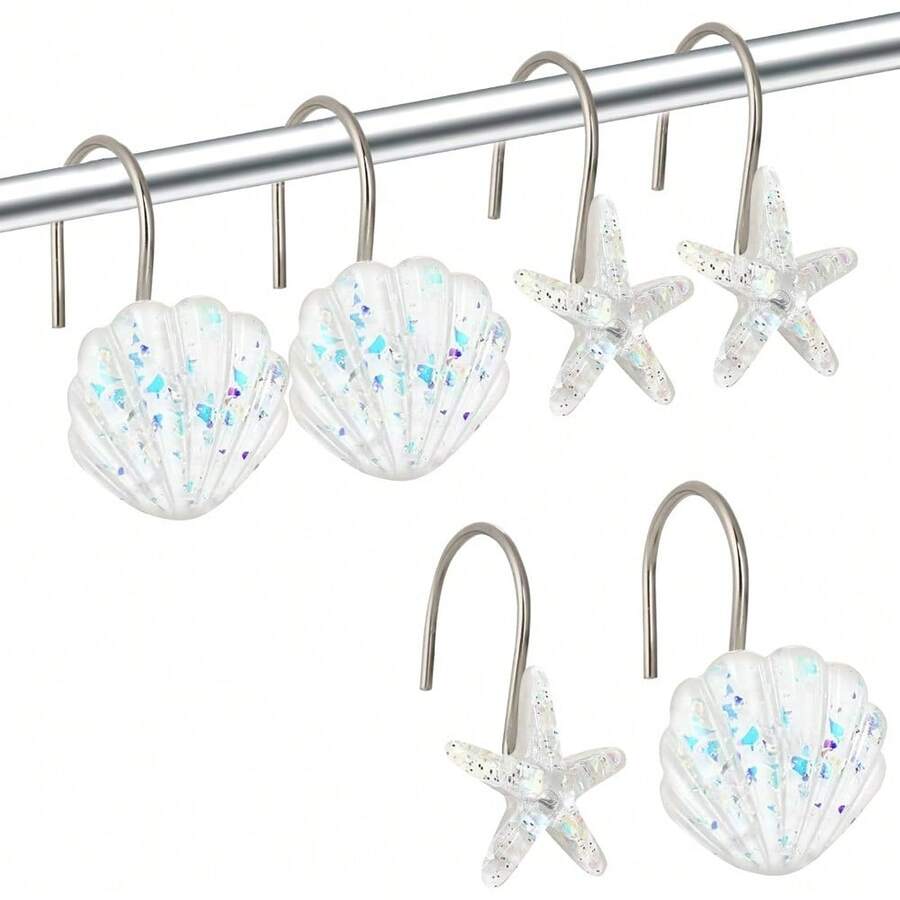 Local Delivery Seashell Shower Curtain Hooks, 12PCS Stainless Steel Anti Rust Starfish And Seashell Decorative Shower Hooks Ocean Theme Shower Curtain Hooks For Home Bathroom (Pink Seashell) - White Seashell - View 1