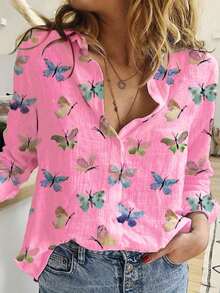 Camisa com botão na frente com estampa de borboleta,  Estilo Europeu e Americano Novo camisa casual de manga longa na primavera e no outono, camisa feminina confortável - Rosa chiclete - Visão 2