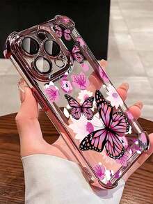 Funda para teléfono (1 unidad): Diseño minimalista de mariposa, electrochapada, con airbag, resistente a caídas, de TPU transparente y gruesa. Compatible con Apple 16 Pro Max/16 Pro/13 Pro Max/12 Pro Max/11, 15 Pro Max/14 Pro Max/S22/S23/D24/S25. - Rosa - Ver 2