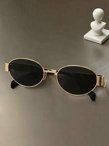 1 件椭圆形金属框时尚眼镜，时尚独立风格眼镜，适合日常通勤、海滩、街头摄影，适合夏季海滩度假、户外、旅行 - 金框灰片 - 查看 12