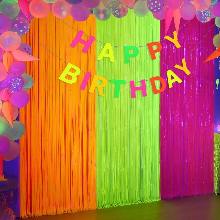Glow In The Dark Party Supplies, 3Pcs Neon Party Decorations 9.9 X 6.6 Ft Fluorescent Macaron Orange, Yellow And Fuchsia Tinsel Foil Fringe Curtains, Glow Photo Booth Prop Backdrop Streamer