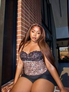 PeachySprinkles Women's Brown Leopard Print Mesh Lace Patchwork Sexy Spaghetti Strap Fashion Camisole, Suitable For Outing, Date Night, Theme Party, Festival, Bustier Top - Brown - View 1