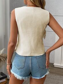 Leinen Tank Tops mit geraffter Taille, modischer und eleganter Pendler-Weste, einfarbige Leinenweste mit Fake-Tasche, geeignet für Lässig, Dates, Urlaub, Reisen, Geburtstagsfeiern, Frühling/Sommer/Herbst