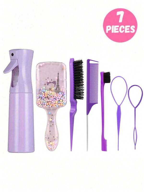 Juego de 7 piezas/5 piezas/1 pieza que incluye: Peine cuadrado, Botella rociadora, Peine de plástico anti-estático con estampado de torre de dibujos animados, Aguja portátil para desenredar el cabello, Botella rociadora de alta presión, Apto para niños, niñas y cabello normal, Mango de ABS, Diseño cuadrado encantador, Conjunto de herramientas de peluquería
