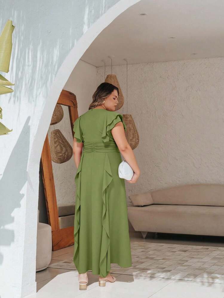 Bridesmaid Plus Size Chiffon Long Prom Dress With Short Sleeves With Double Ruffle Flowing Skirt With Ruffle Details On The Skirt Simple Elegant Party ElegantElegance Chiffon Zipper Ruffle Bridesmaid Wedding Birthday Party Party Graduation Party Formal And Evening Wedding Guest Prom - 橄欖綠 - 查看 4