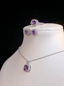 Conjunto de 4 brincos, colares e anéis elegantes retangulares decorados com strass, presente feminino de luxo