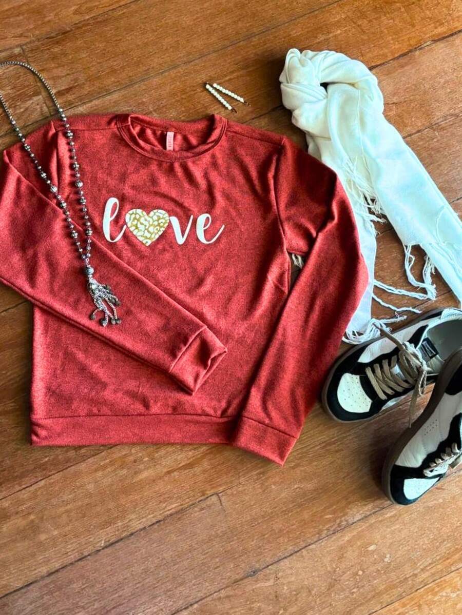 Fleece Blouse With Cuffs And Love Print, Warm Winter - 亮橙色 - 查看 1