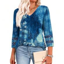 XIEERDUO 3/4 Length Sleeve Womens Tops Dressy Casual Blouses For Women 2025  V Neck T Shirts Summer Clothes - Z 海軍藍印花 - 查看 1