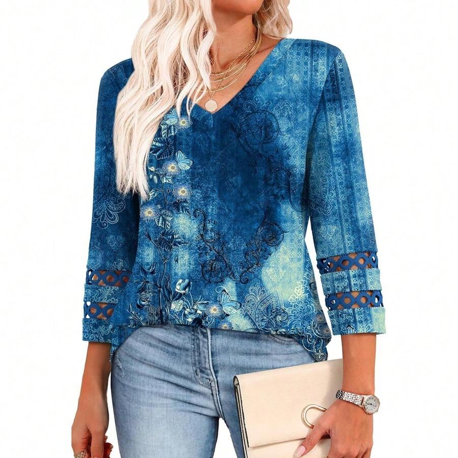 XIEERDUO 3/4 Length Sleeve Womens Tops Dressy Casual Blouses For Women 2025 V Neck T Shirts Summer Clothes - Z 海軍藍印花 - 查看 1