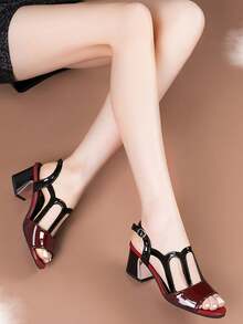 2025 New Fashion Summer Women's Strap Roman Style Sandals, Thick Heel Hollow Peep-Toe Mid-Heel - Burgundy - View 3