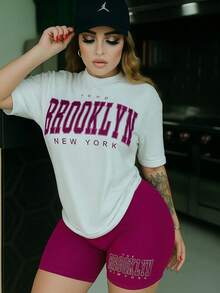 Conjunto 2 piezas ligero casual de camiseta Oversize con estampado y short tipo biker - Magenta - Ver 2