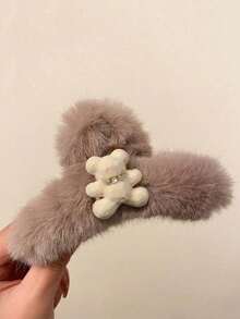 新款可爱植绒小熊毛绒发夹，优雅头饰女士发饰，秋冬发爪发夹发夹发颚夹发夹发夹，休闲秋季发饰女士度假装扮