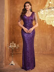 Chain Decor Sequin Fitted Mermaid Evening Dress - Red Violet - View 4