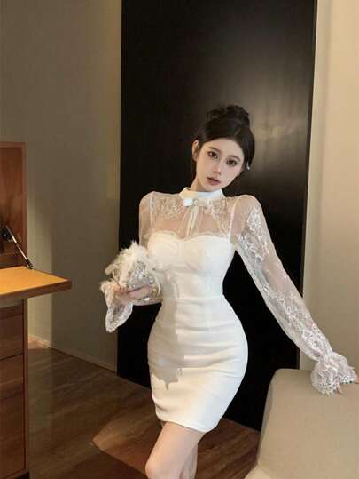 One-Piece Dress For Women, Short Sleeves, Short Length, Summer Slim Look, Fashionable, Gentle Style, White
