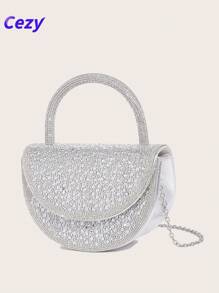 Cezy 1 pieza Elegante bolso de mano plateado de strass, forro de poliéster resistente - Correa para el hombro desmontable y cierre magnético - Clutch ligero para la noche, adecuado para bodas, fiestas y eventos formales
