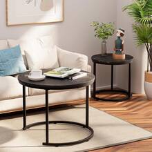 Nesting Coffee Table Side Set Of 2 End Tables For Living Room Bedroom Balcony,Black Faux Marble Wooden Table 23.6IN Accent Large Coffee Table With Steel Frame - Black - View 8