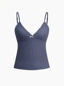 Sunny Girl Style Summer Valentine's Day Women's Y2K Back To School Casual Beach Vacation Sexy Polka Dot Print V-Neck Bow Decor Knit Top - Navy Blue - View 3