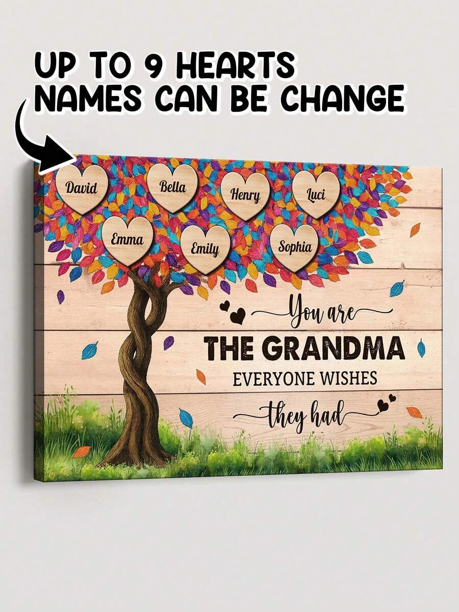 Catygift Custom Family Tree Canvas Print, Personalized Heart Shaped Names, Family Gift For Mom, Unique Wall Art Decor, 9 Names Customizable