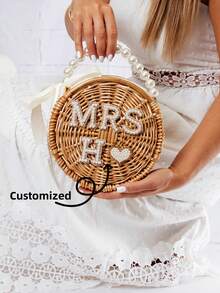 定制名字，珍珠装饰迷你沙滩草编包——完美新娘，理想的婚礼珍宝，新娘的礼物，单身女生的最爱！ - 彩色 - 查看 6