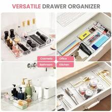11/18 Stücke Schubladenorganizer und Unterteilungen Set, 4 Größen Klarsichtkunststoff Aufbewahrungsbehälter und Tabletts - für Schminktisch, Küchenutensilien, Büromaterial, Badezimmer, Kommoden Schubladen, Schränke im Wohnwagen - Transparent - Übersicht 3