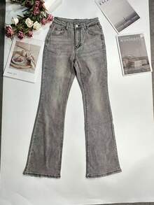 女式秋季度假风格休闲破洞紧身喇叭牛仔裤 - 淺灰色 - 查看 3