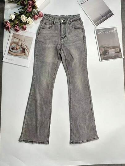 Jeans de pierna acampanada con efecto desgastado y deshilachado, estilo casual de vacaciones para mujer, primavera