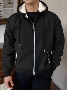 A Men's Casual Polyester Hooded Jacket With Long Sleeves, Low Elasticity, Open Hem, Zipper Closure, Regular Style, Autumn And Winter Coat, Thick Version