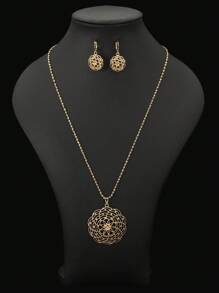 3pcs/Set Gold Hollow Flower Pendant Long Chain Necklace + Earrings Women Jewelry Set, Bridal Wedding Jewelry, Gift For Wife