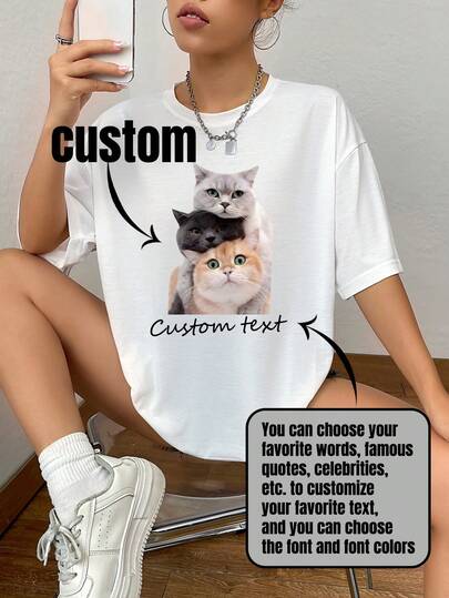 맞춤형 여성 티셔츠 - 텍스트 및 사진 추가 가능 (풍경/배지/커플/가족/셀카/애완동물), 맞춤형 글꼴 및 색상, 여름 여행에 적합, 여자친구 선물, 여성 티셔츠 화이트