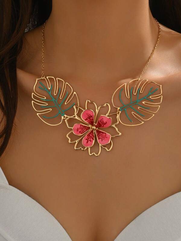 1 pièce Collier mode à design de fleur et feuille tropicale, de style bohème d'été, à couleurs de dopamine. Longueur réglable. Bijou pour femme, convient pour casual, plage, rendez-vous, fête, cadeau.