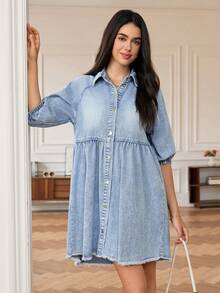 Women's Fashionable Casual Light Blue Washed Snowflake Pattern Denim Dress With Short Sleeves, Elastic Cuffs And Frayed Hem - Light Wash - View 4