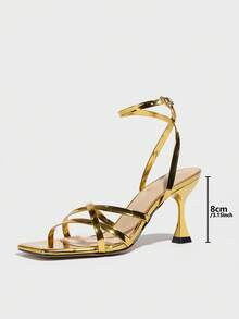 Women's Fashionable Slim High Heels, Suitable For Parties, Outdoor Activities, Elegant Banquet, Made Of Shiny Metallic Material With Ankle Strap, Pointed Toe Design, Ideal For Spring And Summer - Gold - View 5