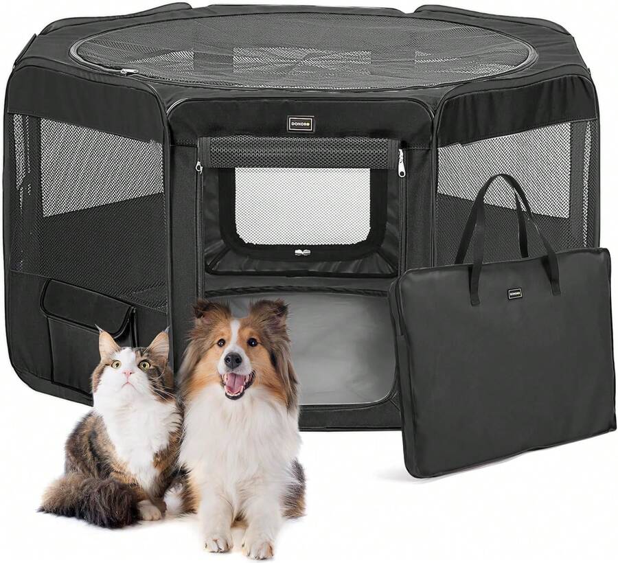 Dog Playpen Portable Pet Play Pens For Small Dog/Cat/Rabbit/Chicks, Cat Playpen Indoor/Outdoor With Carring Case, Removable Zipper Top And Bottom (Black, Medium (36"X36"X20"), 8) - 黑色 - 查看 1