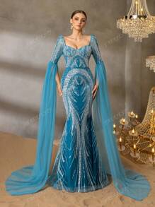 Faeriesty Faeriesty Elegant Evening Gown With Heart-Cut Neckline & Ethereal Sheer Sleeves - Mermaid Silhouette Formal Dress With Embellished Train - For Red Carpet Galas, Luxury Weddings, Diplomatic Balls