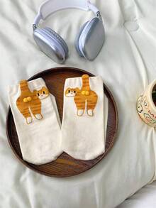 半双趣味猫球绒球中筒袜，春夏秋季舒适袜子 - 彩色 - 查看 4