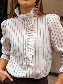 Blusa elegante de manga larga versátil con botones y volantes a rayas para mujer, de poliéster, a rayas, adecuada para el trabajo, primavera/verano