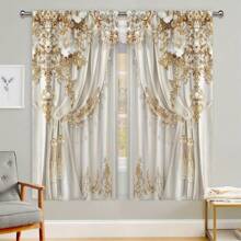 [Luxury Lace Curtain] 2pcs Luxury Polyester European Lace Pearl Curtains - Fashion Modern 2D Stereo Pattern Gorgeous Rod Art Wall Hanging Bedroom Living Room Dormitory Decoration